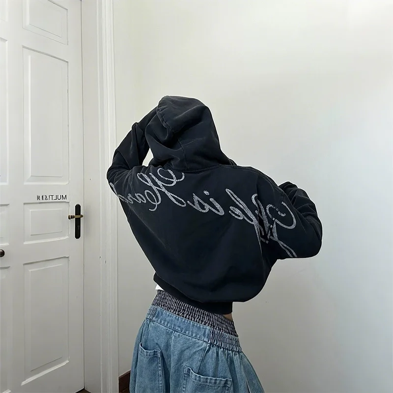 Y2K модная толстовка в стиле ретро с художественным белым буквенным принтом и длинным рукавом на молнии с капюшоном для мужчин и женщин, потертая уличная одежда
