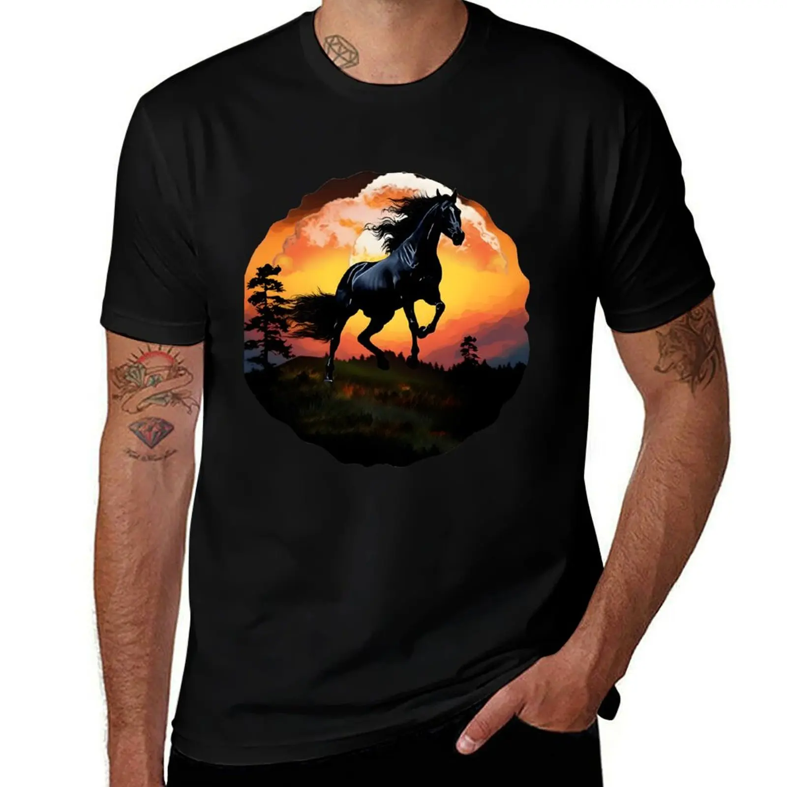 

Stunningly Beautiful Black Friesian Horse on a Hilltop Graphic Design T-Shirt Lightweight Cooling Short Sleeve Tee