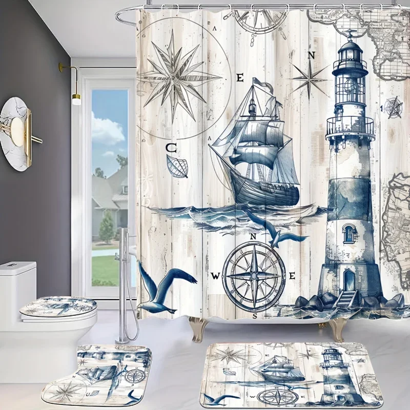 4pcs ocean and lighthouse print shower curtain set, decorative bathroom set include waterproof shower curtain, non-slip floor