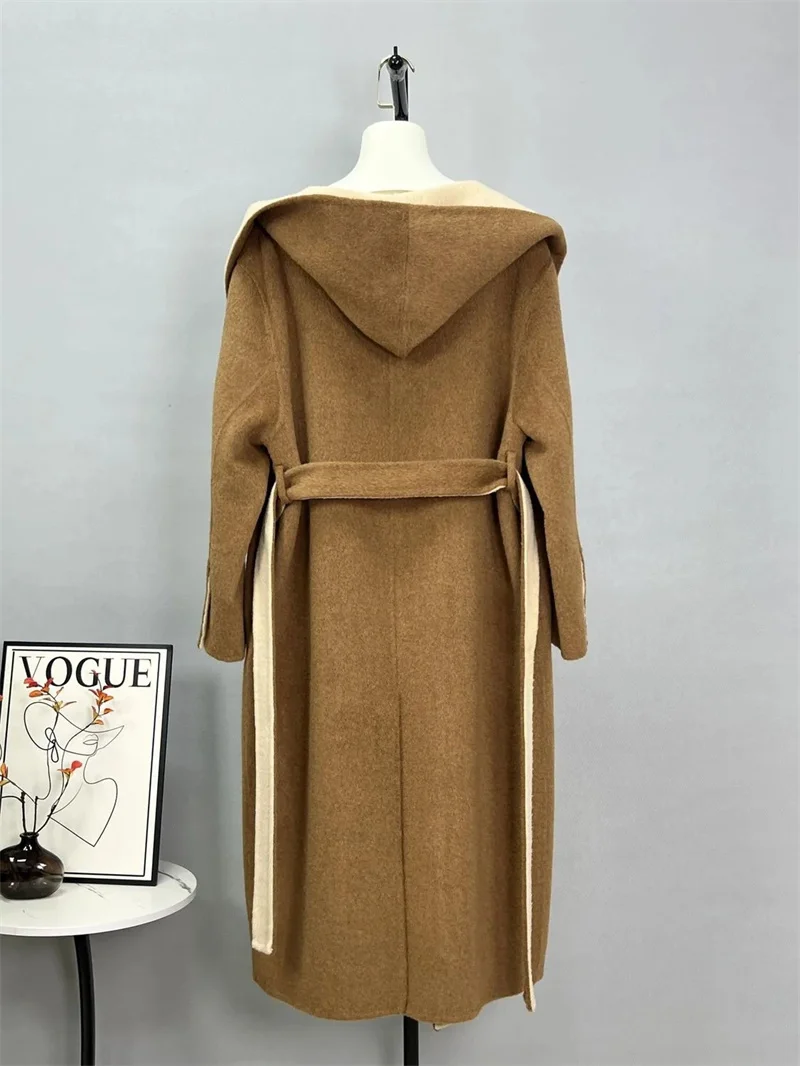 เสื้อโค้ทกันลมผ้าวูลลำลองสำหรับผู้หญิง รุ่นใหม่ ฤดูใบไม้ร่วง ฤดูหนาว ปี 2025 สไตล์เกาหลี ทรงหลวม ความยาวปานกลาง ผ้าวูลสองด้าน