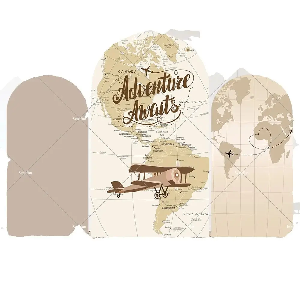 

2-Sided Adventure Awaits Arch Backdrop Cover Baby Shower Travel Map theme Kids Birthday Party Arched Wall Beige Photo Background