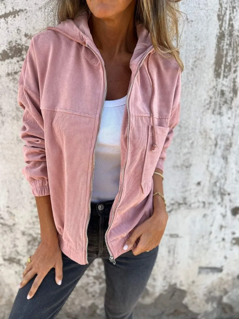 Fashion Corduroy Jacket Women Casual Hoodies Sweatshirts Female Long Sleeve Zipped Outerwear Women High Neck Hooded Sudaderas