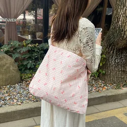 Candy Color Large Bow Shoulder Shopper Bag for Women Canvas Fashion Tote Shopping Bags Woman Handbags Reusable Travel Bags