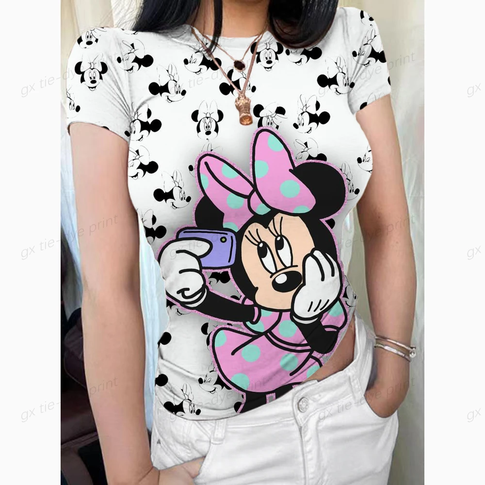 Women Casual Summer Simplicity Female Korean All-match Tops O-neck Skinny Shirt Mickey Mouse Basic Short Sleeve T-shirts ﻿