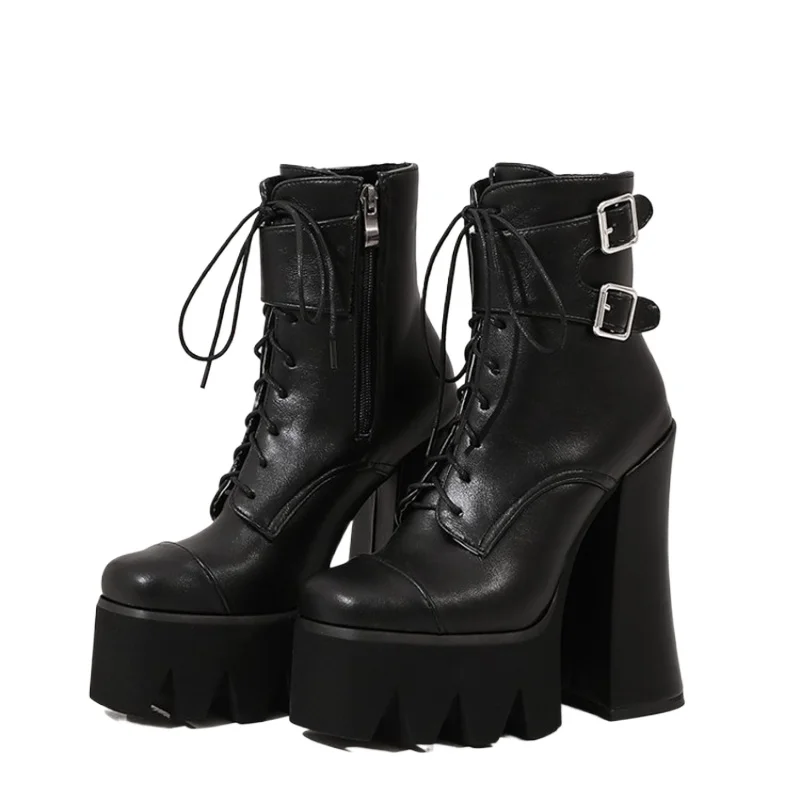Ankle Boots Women Autumn Winter Warm Black Thick High Heels Zipper Cross Tied Female Party Shoes Short Platform Boots 2035-1