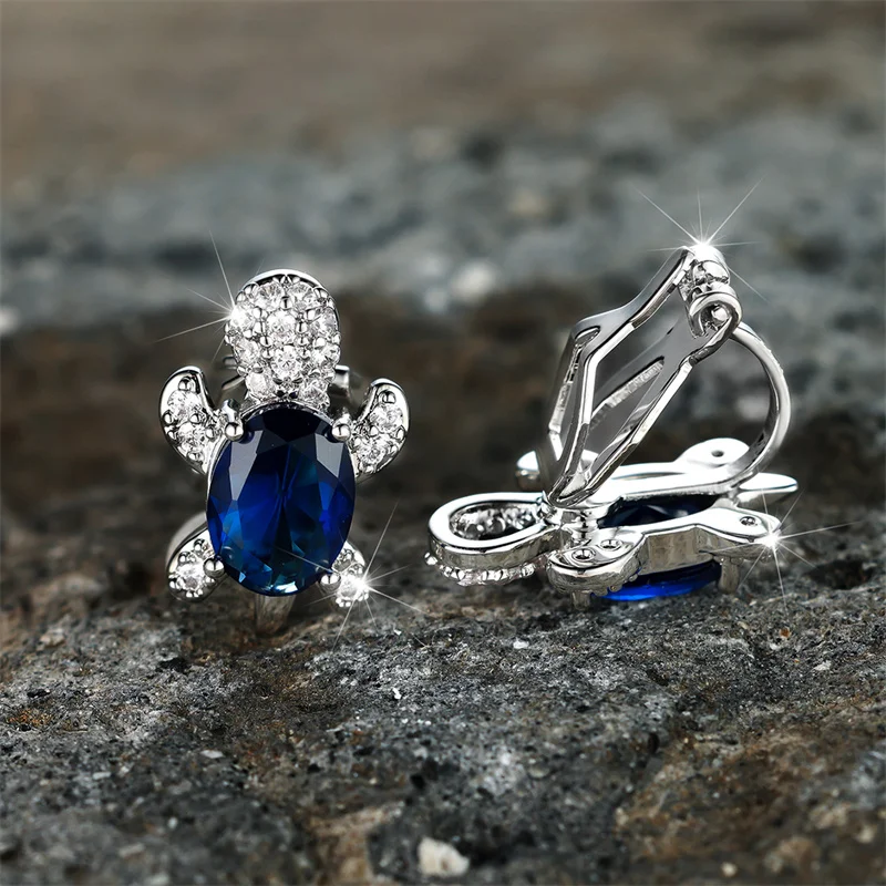 Cute Female Blue Red White Pink Oval Turtle Stone Clip Earrings Charm Silver Color Wedding Jewelry For Women