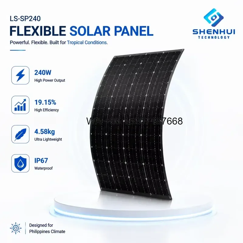 Wmwmnu 240W Flexible Solar Panel High Efficiency Mono PV Module IP67 Waterproof Lightweight System for Residential Commercial