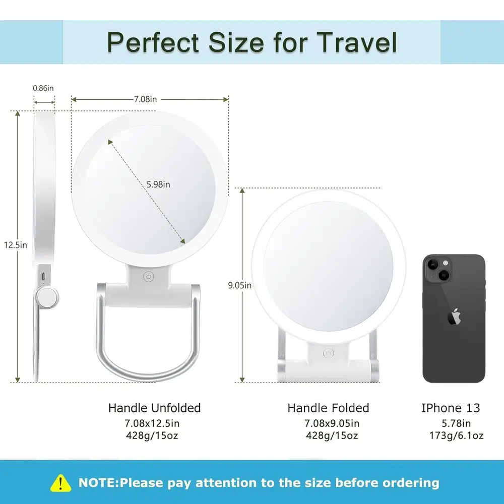 Miroir de maquillage portable éclairé par LED double face avec grossissement 1X/20X pour le toilettage en déplacement