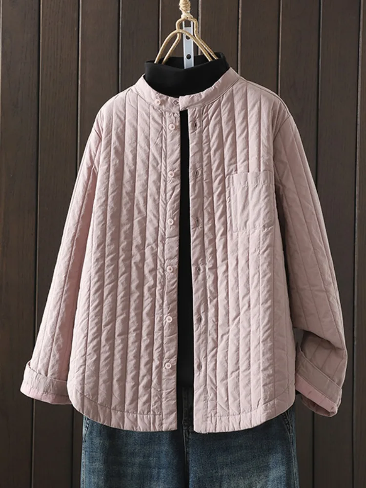 

Ретро-японская хлопковая куртка большого размера с воротником-стойкой, женская зимняя стеганая хлопковая куртка в цветную полоску