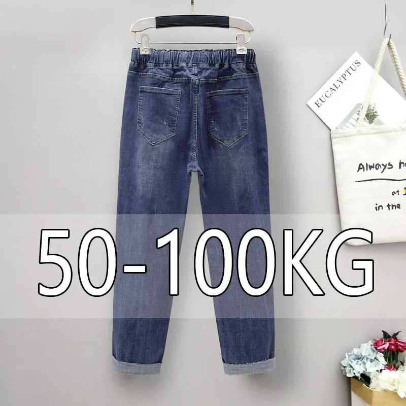 L-5XL Kích Thước Lớn Hậu Cung Quần Lửng Jeans Nữ Mùa Thu Thun Cao Cấp Quần Thun Cotton Denim Tới Mắt Cá Mẹ Quần Jean Nữ