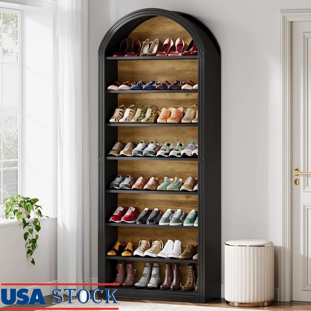 

8-Tier Shoe Storage Cabinet Freestanding Wooden Shoe Organizer Space Saving Entryway Rack Boots Sneakers Heels Closet