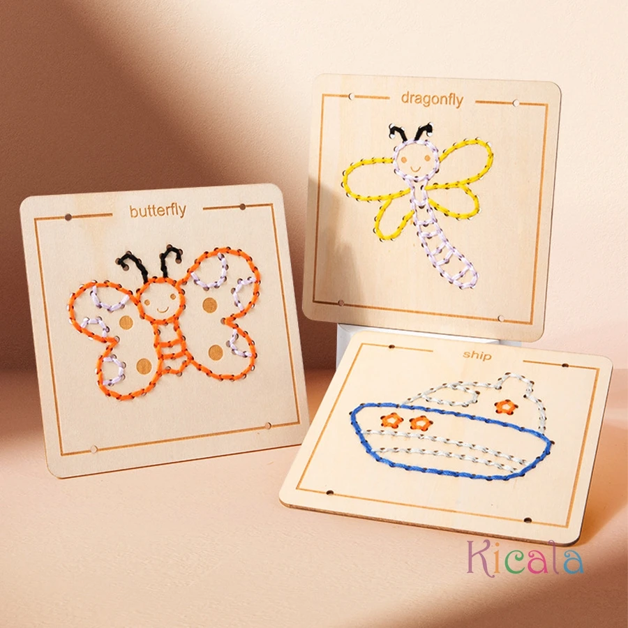 Jouets de laçage en bois Montessori, jeu de société de broderie, ensemble de filetage de motifs de dessins animés, motricité Fine, planche occupée, cadeaux pour enfants