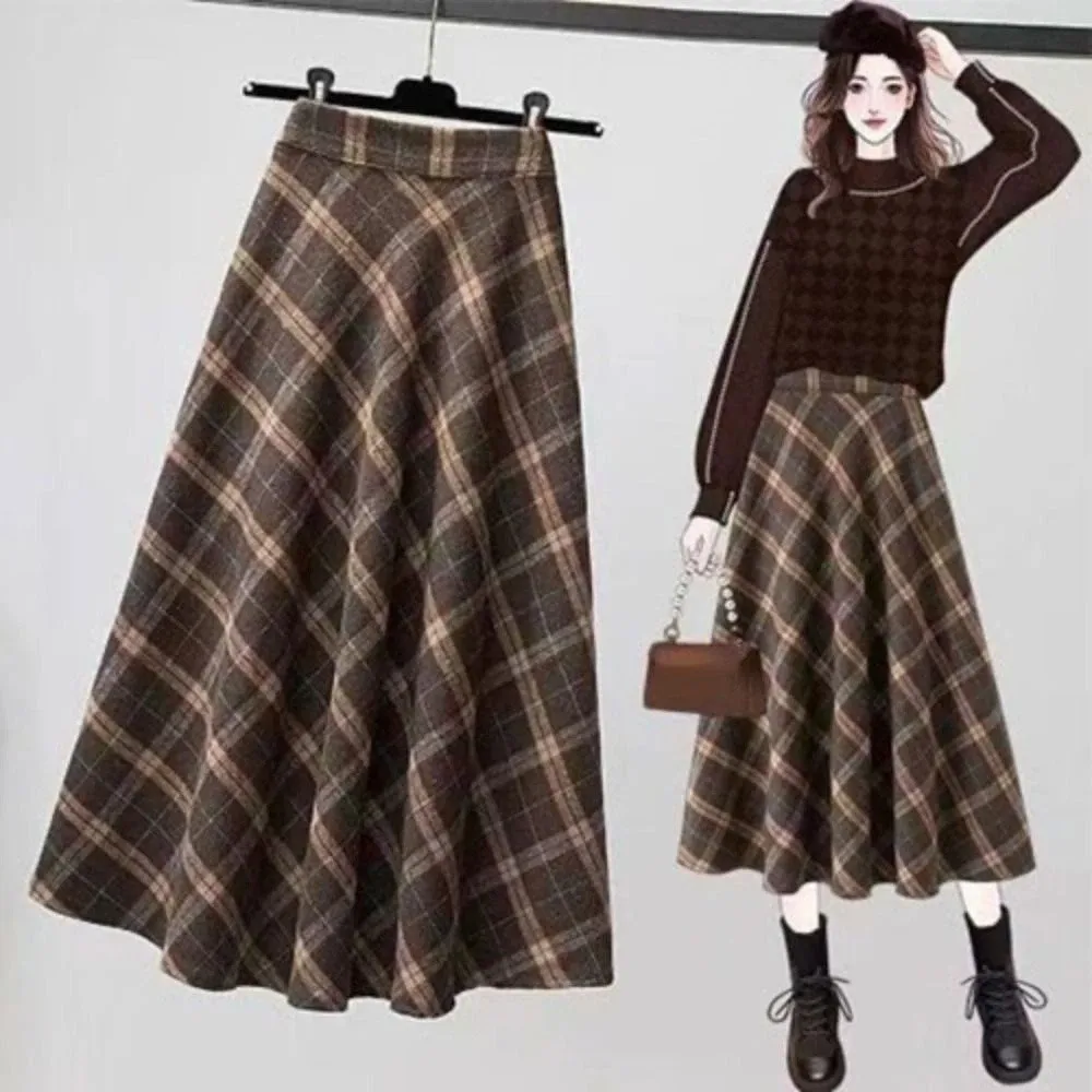 

Retro High Waist Retro Plaid Skirt Winter Autumu Slim Fit High Waist Long Skirt Classical Preppy Style A-line Half Dress Party