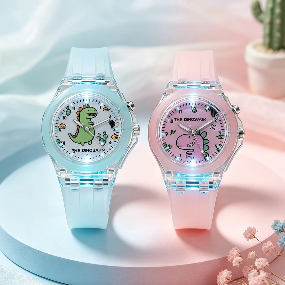 

4Pcs Dinosaur Flashing Light Kids Watch Children Cartoon Quartz Wristwatches for Boys Girls Timepiece Back to School Birthday