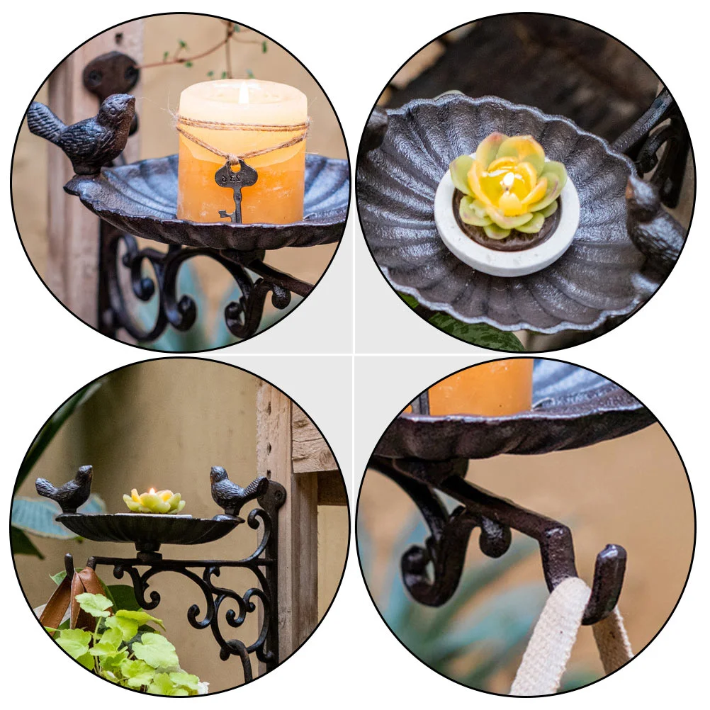 ติดผนังชามอาหารนกชั้นวางเสื้อผ้า Feeder เหล็กแขวนตะกร้า Wrought MINI Birdbath ถาด