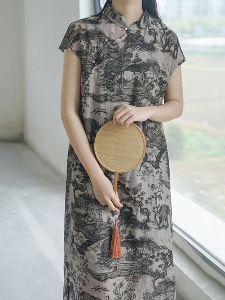 

Dress Gray Print Pullover Stand Collar Loose Version Casual Chinese Cheongsam RetroHigh-End Cotton and Linen Women's Long Summer