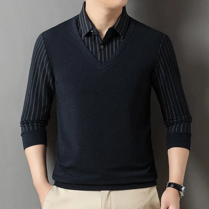 Men's Fake Two Piece Long Sleeve T shirt Shirt Collar Loose Casual Autumn Base Tops for Dad