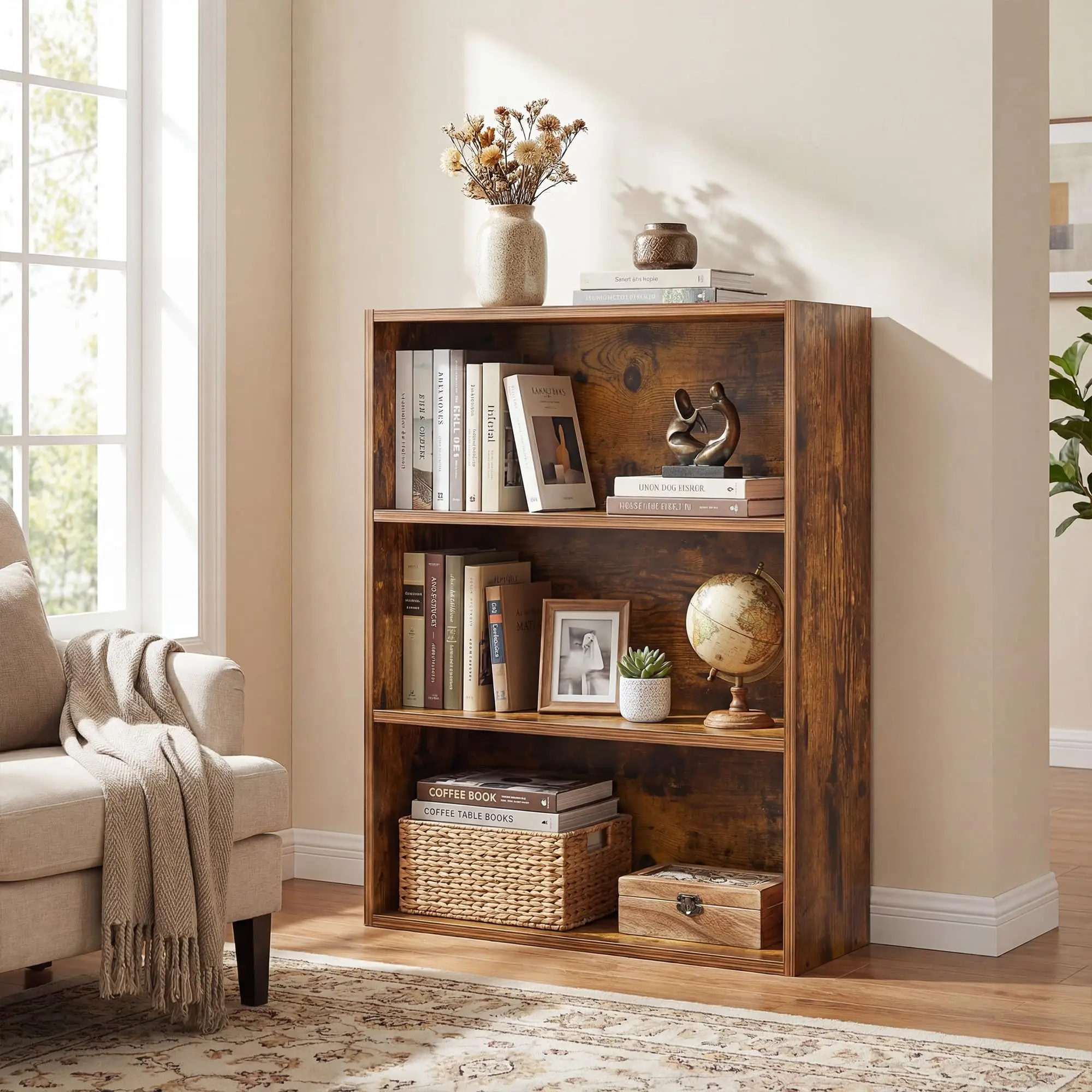 

6-Tier Floor Standing Bookshelf 63 Inch Tall Rustic Brown Open Storage Shelf For Living Room Home Office