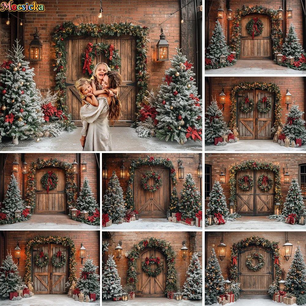 

Christmas Wooden Door Background Photography Rustic Barn Brown Brick Wall Backdrop Xmas Tree Wreath Lantern Decor Studio Booth