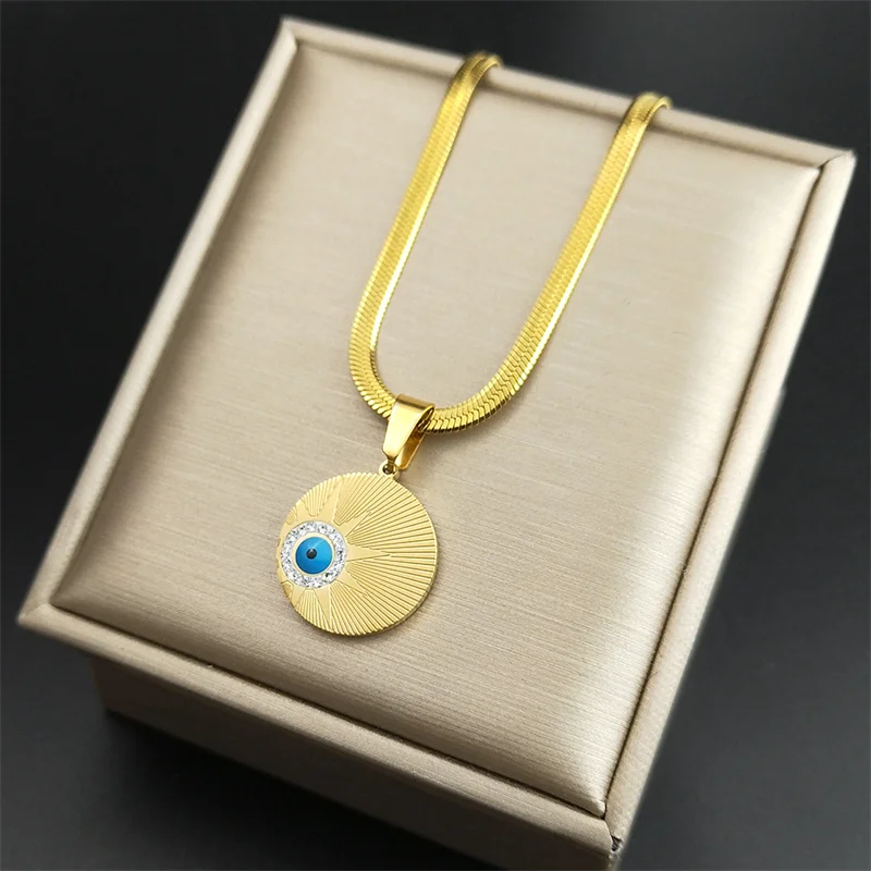 Evil Blue Turkish Eye Sun Pendant Necklace for Women Stainless Steel Gold Color Snake Chain Necklaces Luxury Jewelry NZZZ59S04