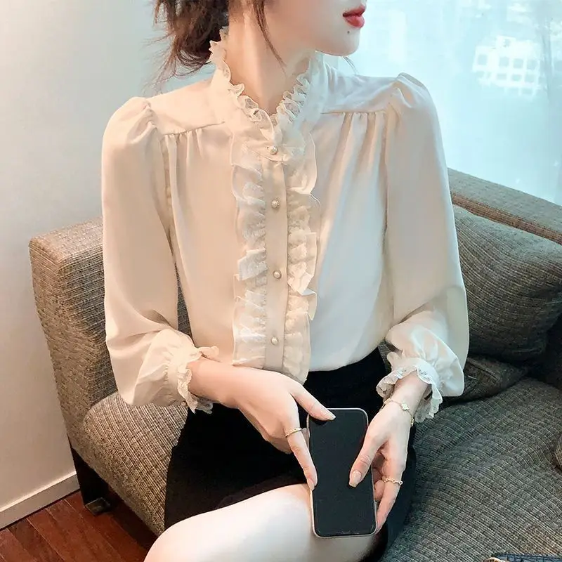 Spring Autumn New Fashion Stand Collar Long Sleeve Blouse Women\'s Clothing Ruffles Pleated French Style Fairy Sweet Chic Shirts