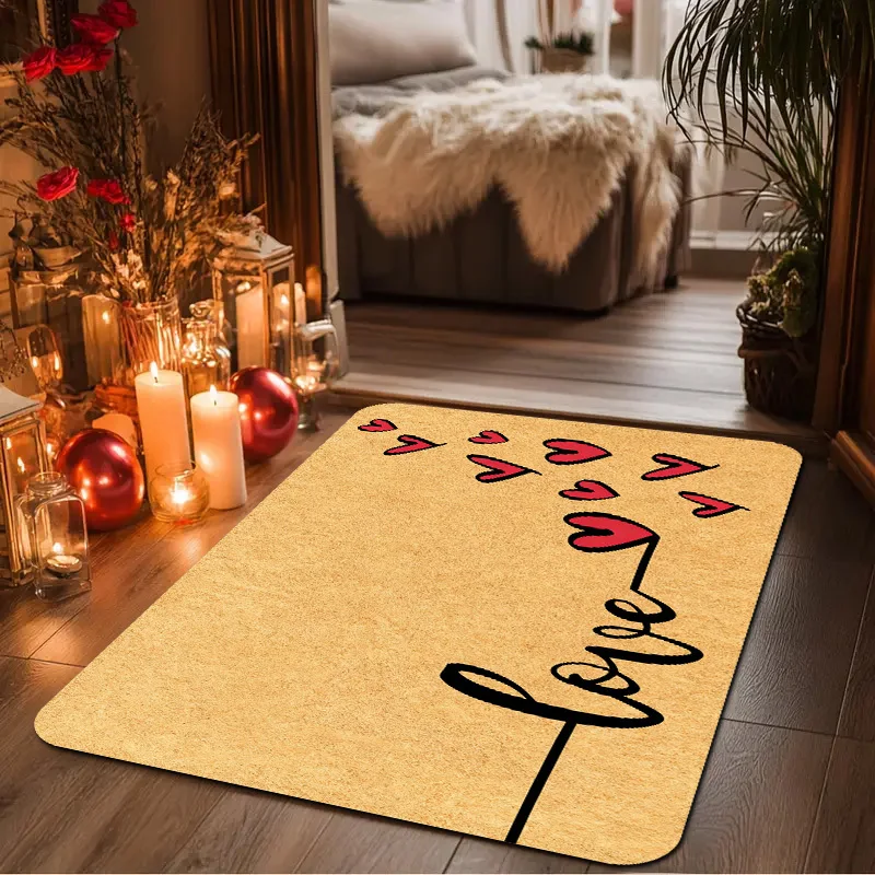 Romantic Colorful Love Heart Doormat Valentines Day Flower Welcome Slogan Non Slip Entrance Rug Home Front Door Decor Floor Mat