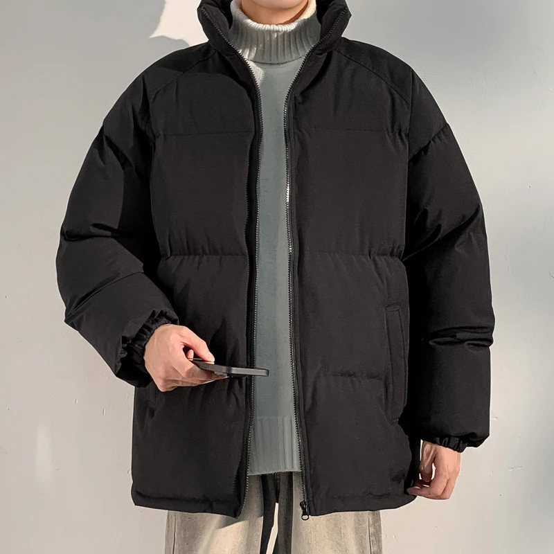 Men's Winter Parkas Solid Color Harajuku Windproof Zipper Outwer Stand Collar Padded Thickened Warm Jacket Coat Streetwear