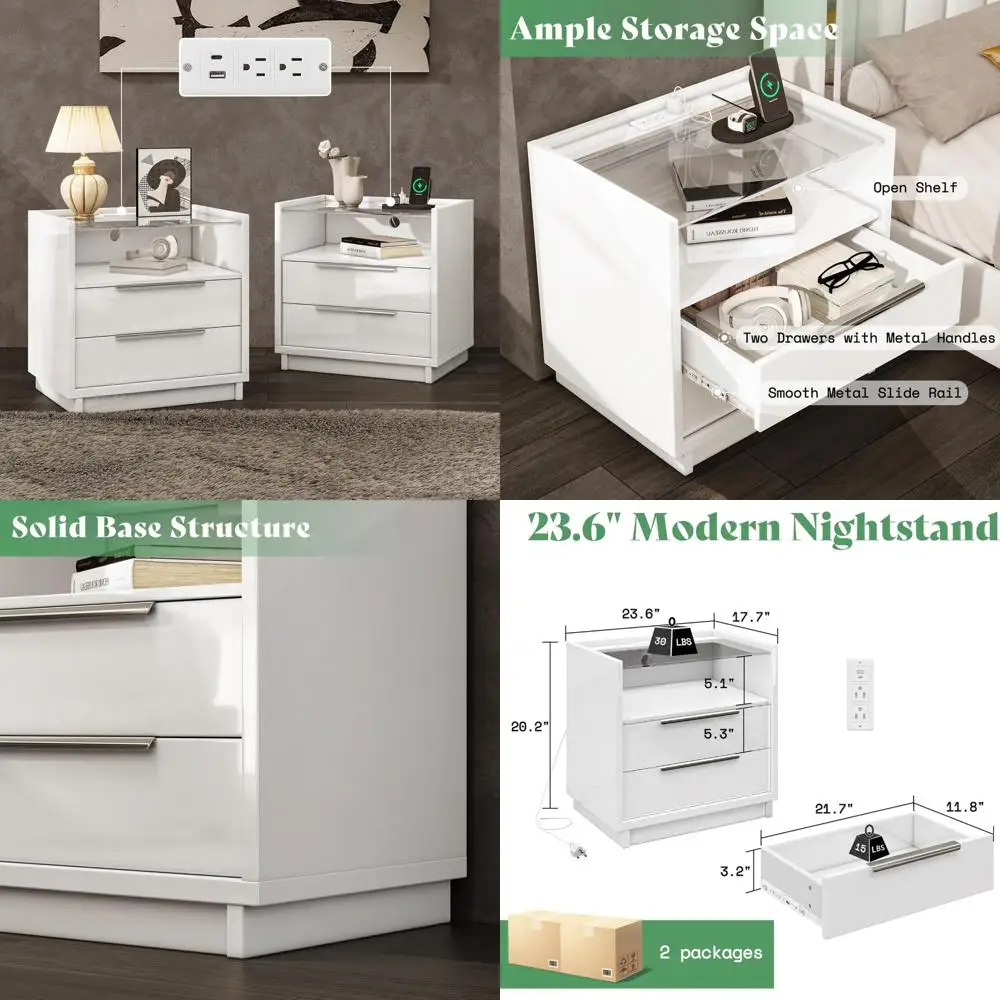 زوج من 23.6 طاولات بجانب السرير حديثة مع قاعدة شحن، ولمسة نهائية عالية اللمعان وسطح زجاجي، وأدراج واسعة #1