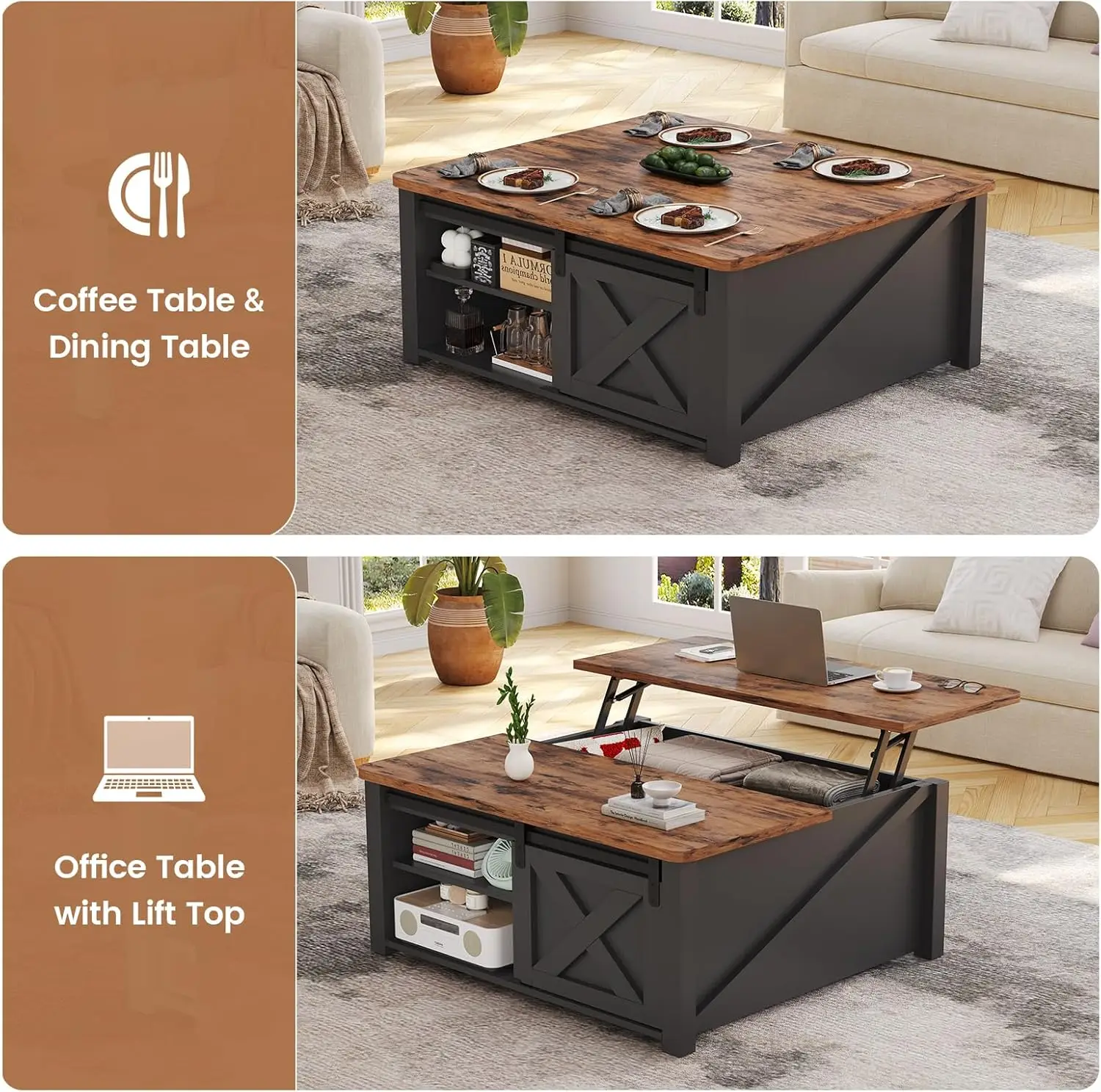 SEDETA 31.5" Lift Top Coffee Table with Storage - Square Farmhouse Table, LargeHiddenCompartment\u0026 Adjustable Shelves, Black