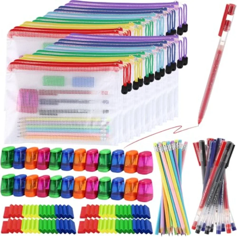 

Набор школьных принадлежностей из 24 предметов: сетчатые сумки-пеналы на молнии с карандашами, ластиками, точилками, ручками. Оптовые школьные принадлежности для школы.