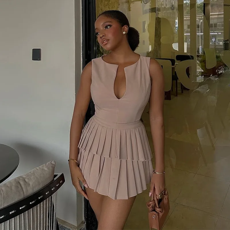 2025 Summer New Fashion American European Women's Khaki Solid Color Casual Trendy Elegant Sleeveless V-neck A-line Mini Dresses