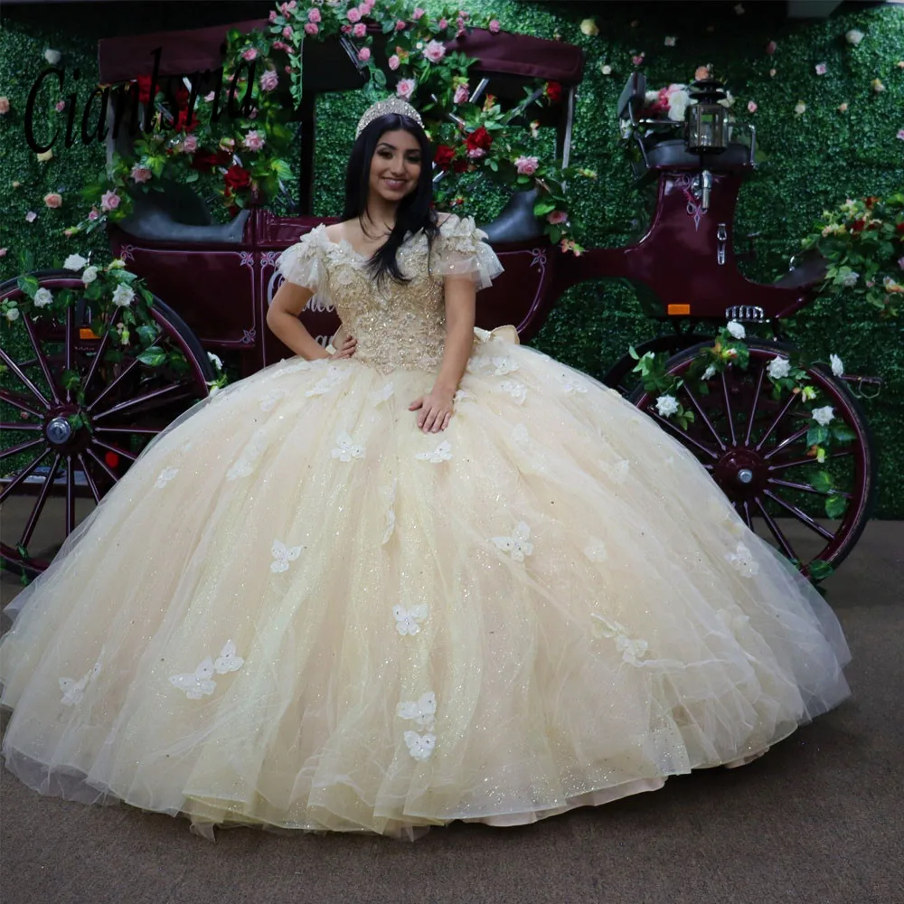 2023 Ball Gown Quinceanera Dresses Appliques Beads Pearls Off the Shoulder Sweet 16 Dress Vestido De 15 Anos Lace-Up