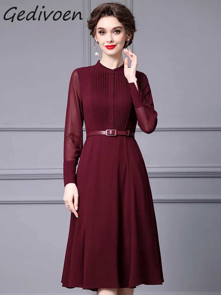 

Gedivoen Autumn Fashion Designer Black Elegant Party Dress Women Lantern Sleeve Button Sashes Pleated High Waist Slim Long Dress