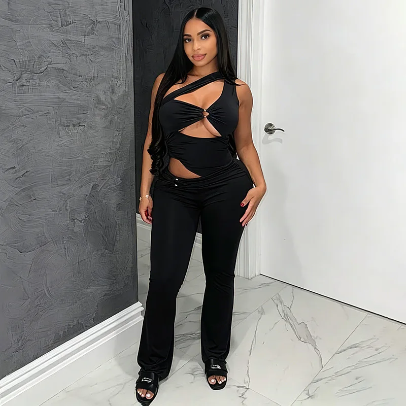 

Metal Rings Ruched Hollow Out Skinny Flare Jumpsuits Women Sexy One Shoulder Sleeveless Peach Hip Slim Club Party Overalls