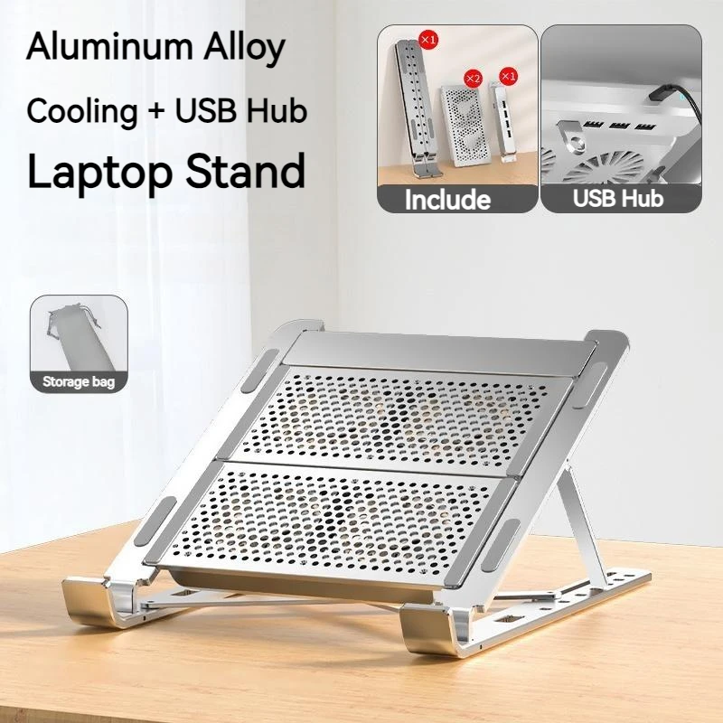 Foldable Laptop Stand with Cooling Fan Lift Notebook Holder Aluminum Alloy with Usb Splitter Hub Docking for Laptops Under 17 In