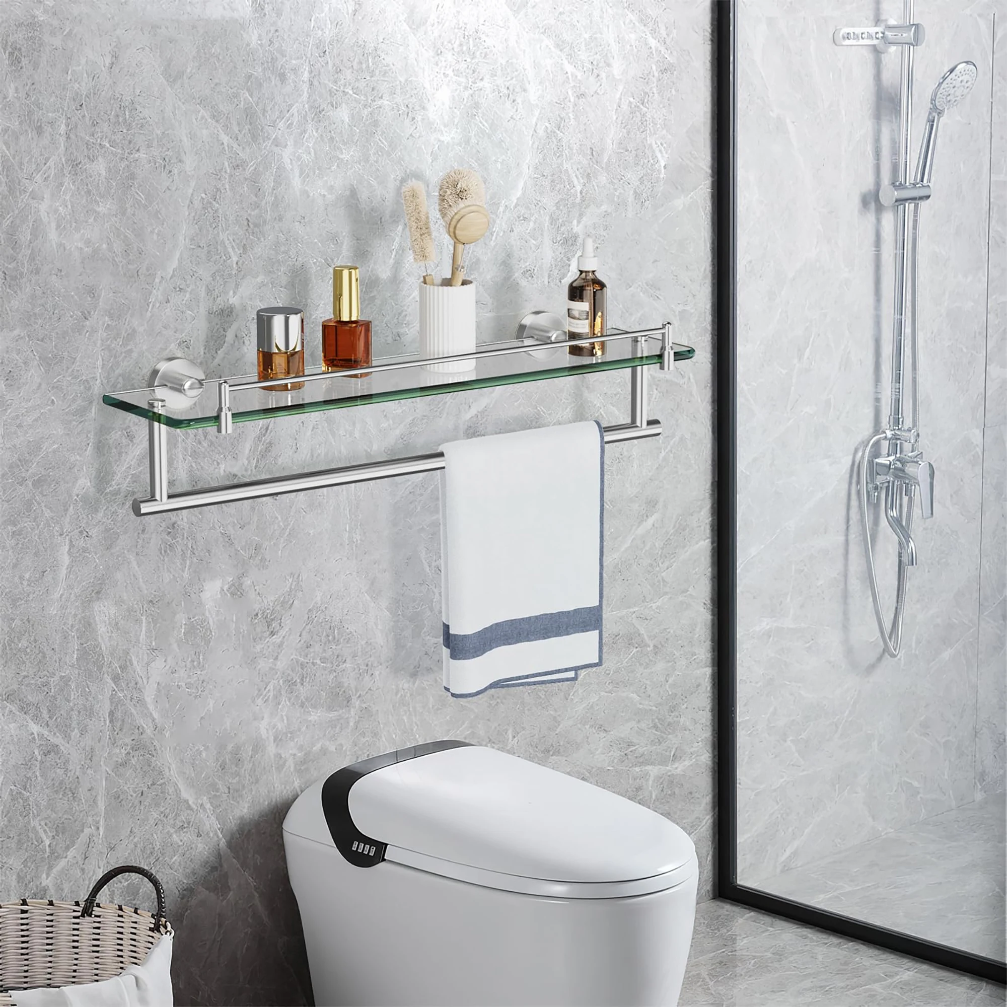 20 Inch Floating Tempered Glass Bathroom Shelf with Towel Bar