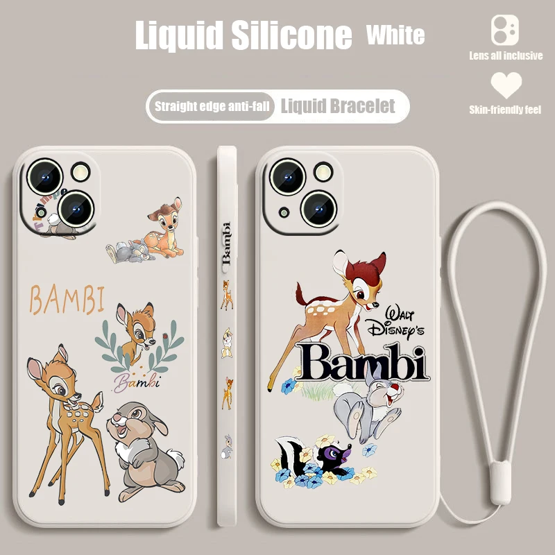 Disney Bambi Cartoon For iPhone 15 14 13 12 11 Pro Max 8 7 Plus XR XS X Liquid Left Rope Phone Case