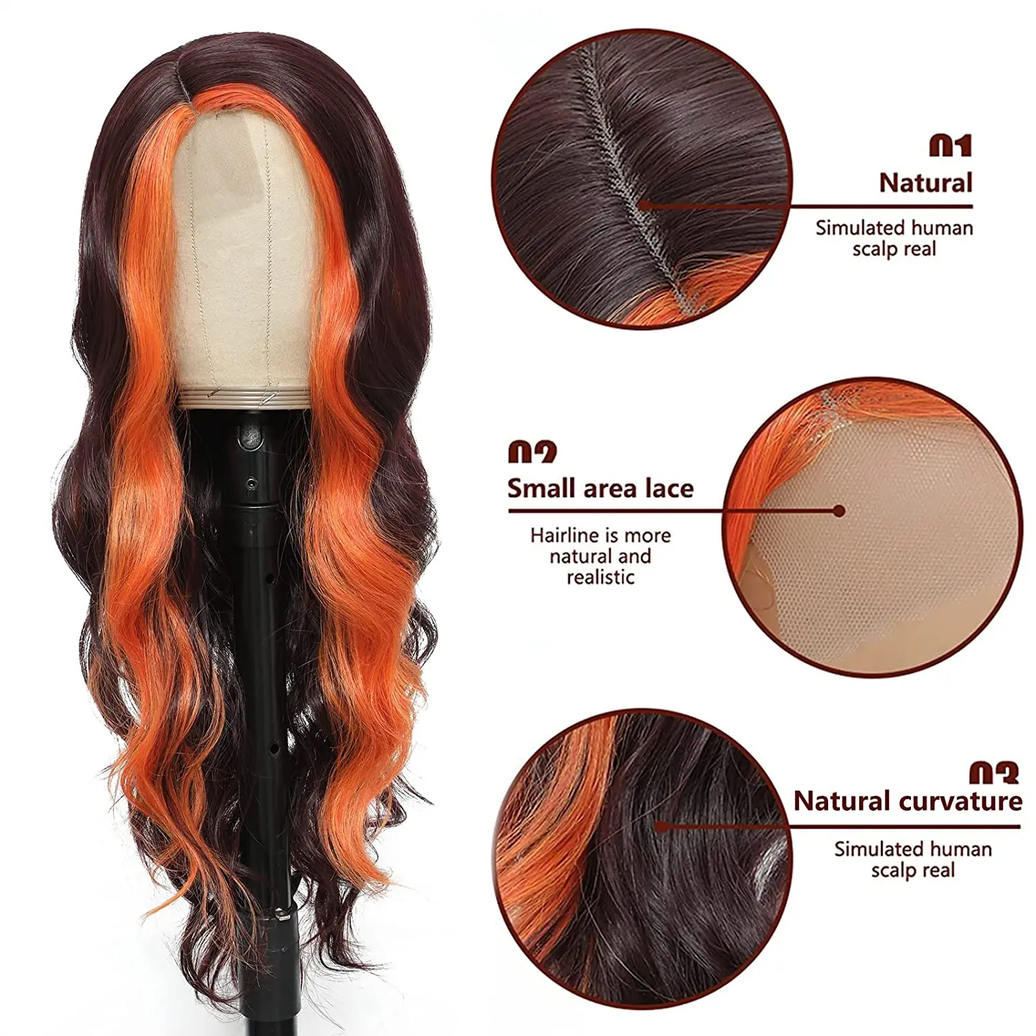 Synthetic Long  Body Wavy Highlight Wigs 28 Inch Side Part  lace Wig Wine Red and Orange Colored For  Black Women Daily party