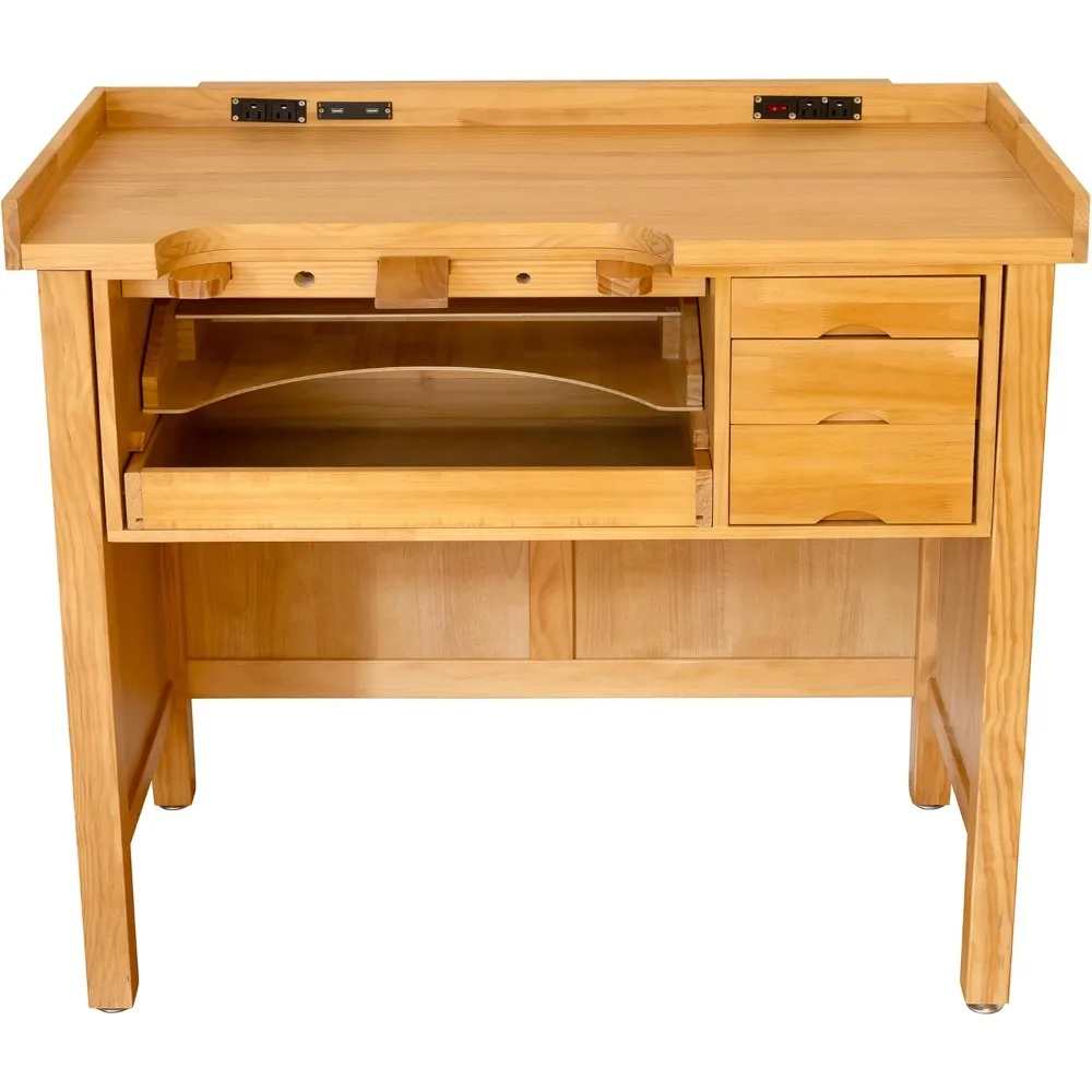 Fine Wood Smart Jewelers Bench - Wooden Workbench with Drawers, Solid Wood Top, Power Outlets and USB Ports