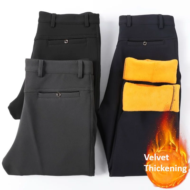 

Autumn Winter Men Elastic Straight Pants Plus Velvet Black Smart Casual Formal Trousers High Waist Comfortable Suit Pants 30-40