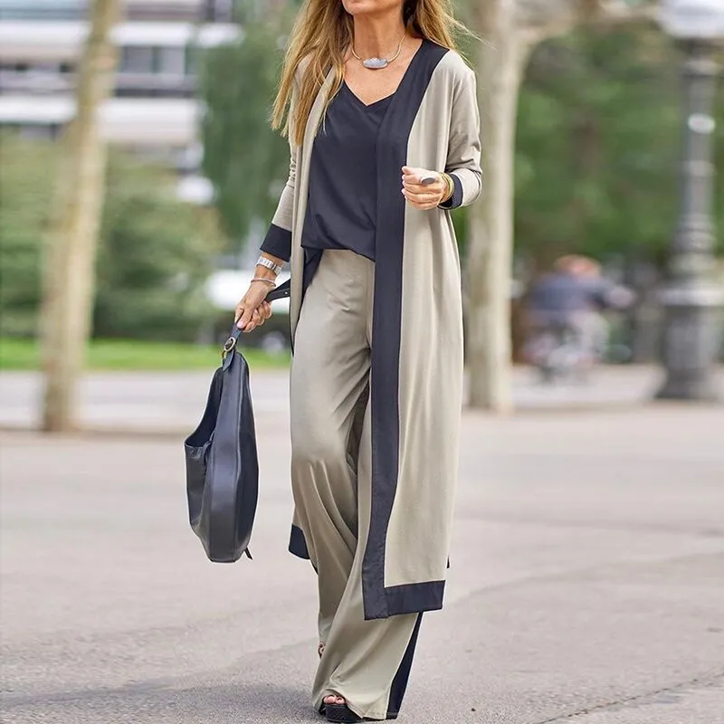 3-Piece Outfit Women Solid Contrast Color Casual  Patchwork V-Neck Sleeveless Vest+Long Sleeve Cardigan+Trousers Traf Zara