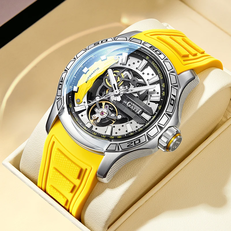 

Мужские механические часы Skeleton Sapphire Crystal с силиконовым ремешком, водонепроницаемые, спортивные, высокого класса.