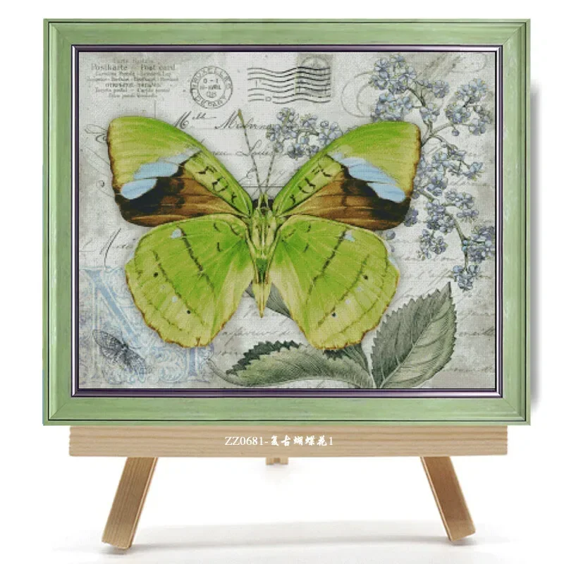 [ZZ0681-Retro Butterfly Flower 1] Stamped Cross Stitch Kit 14CT 16CT Pre Printed Canvas Cotton Threads DIY Embroidery Wall Decor