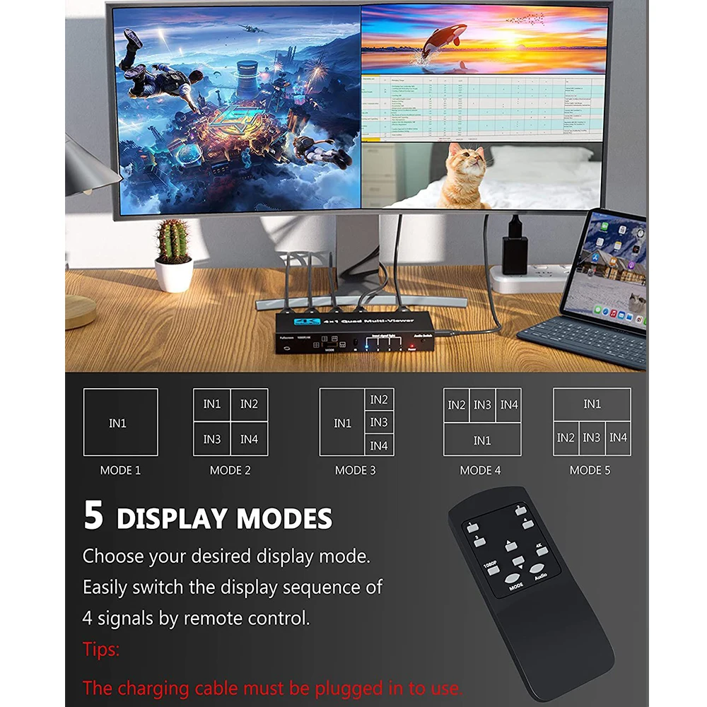 4x1 HDMI-compatible Multi-viewer switcher Seamless 4K 4 Screen Real Time Multi Viewer Screen Splitter 4 in 1 out HDMI-compatible