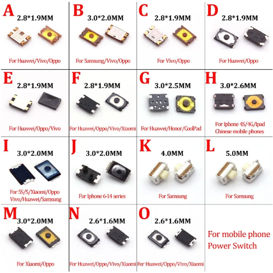 50pcs 3*2/2.8*1.9/2.6*1.6 MM Inner Power Button Control For Samsung Huawei Xiaomi OPPO Vivo Moto IPhone IPad Honor Volume Switch