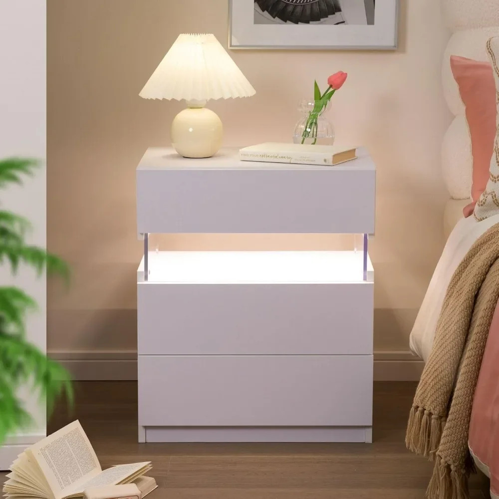 Comodino a LED con cassetti, set di 2 comodini per camera da letto