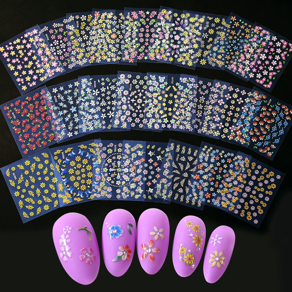 24pcs Floral Nail Art Stickers Set Colorful Daisy Flower Dragonfly Design Decals 3D Self-Adhesive Shiny Nail Art DIY Accessories