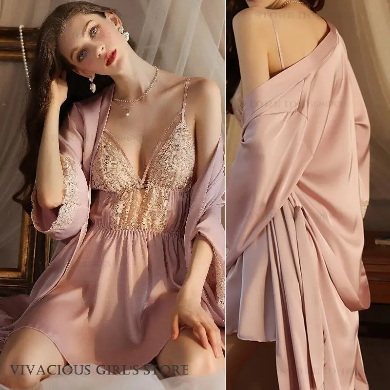 

Sexy Female Lingerie Twinset Robe Set Nightgown Patchwork Hollow Out Lace Nightdress Sleepwear Silky Satin Home Clothes Negligee