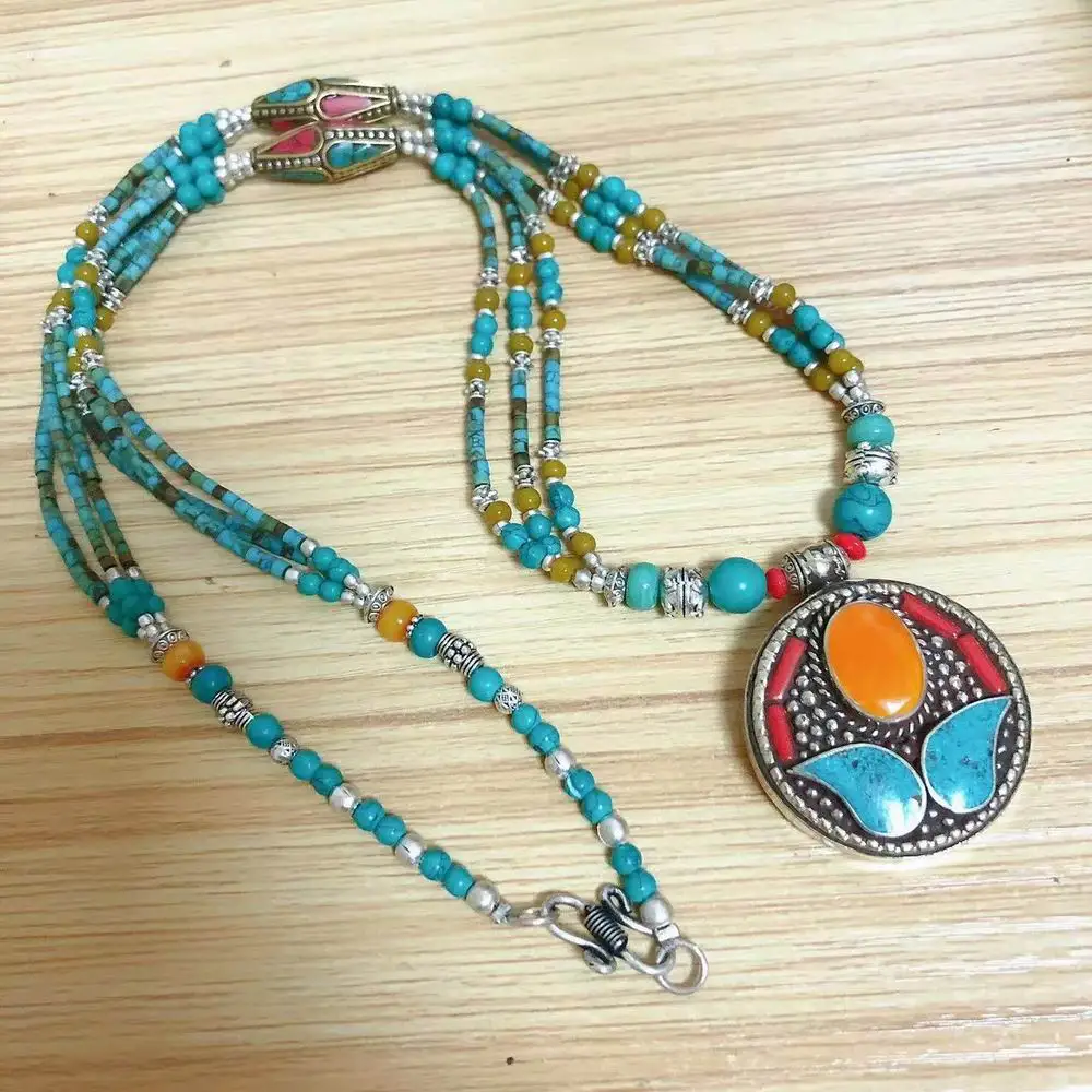 NK239 Nepal Jewelry Colorful Stone Oval or Round Pendant Necklace Ethnic Tibetan Lapis Coral Beaded Women Necklace