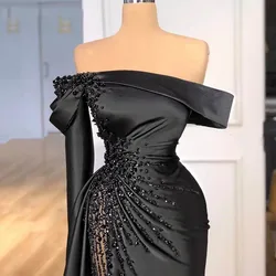 Black Elegant Off-the-shoulder Crystal Mermaid Ball Gown Sequin Satin pleated floor-length formal evening gown